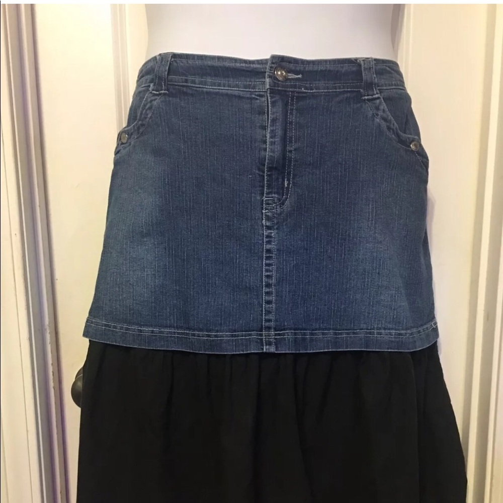 SOLD! Denim Skirt with Black Ruffled Bottom - Picture 2 of 7